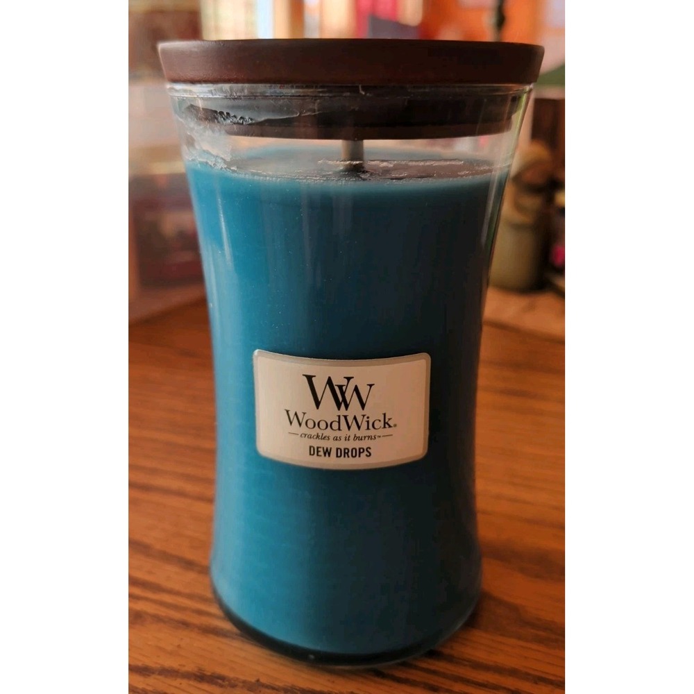 Woodwick Dew Drops Scented Candle Large Jar 22 Oz Blue Wooden Wick NEW